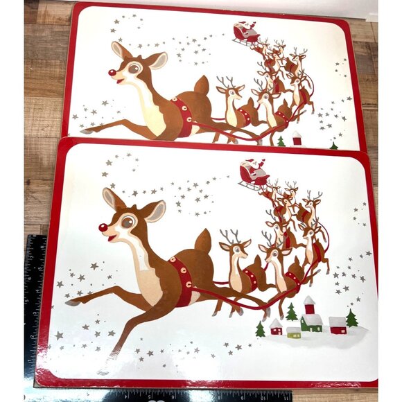 2 Vintage Christmas Reindeer Placemats Holiday Table Decor Set Pottery barn - Picture 1 of 2